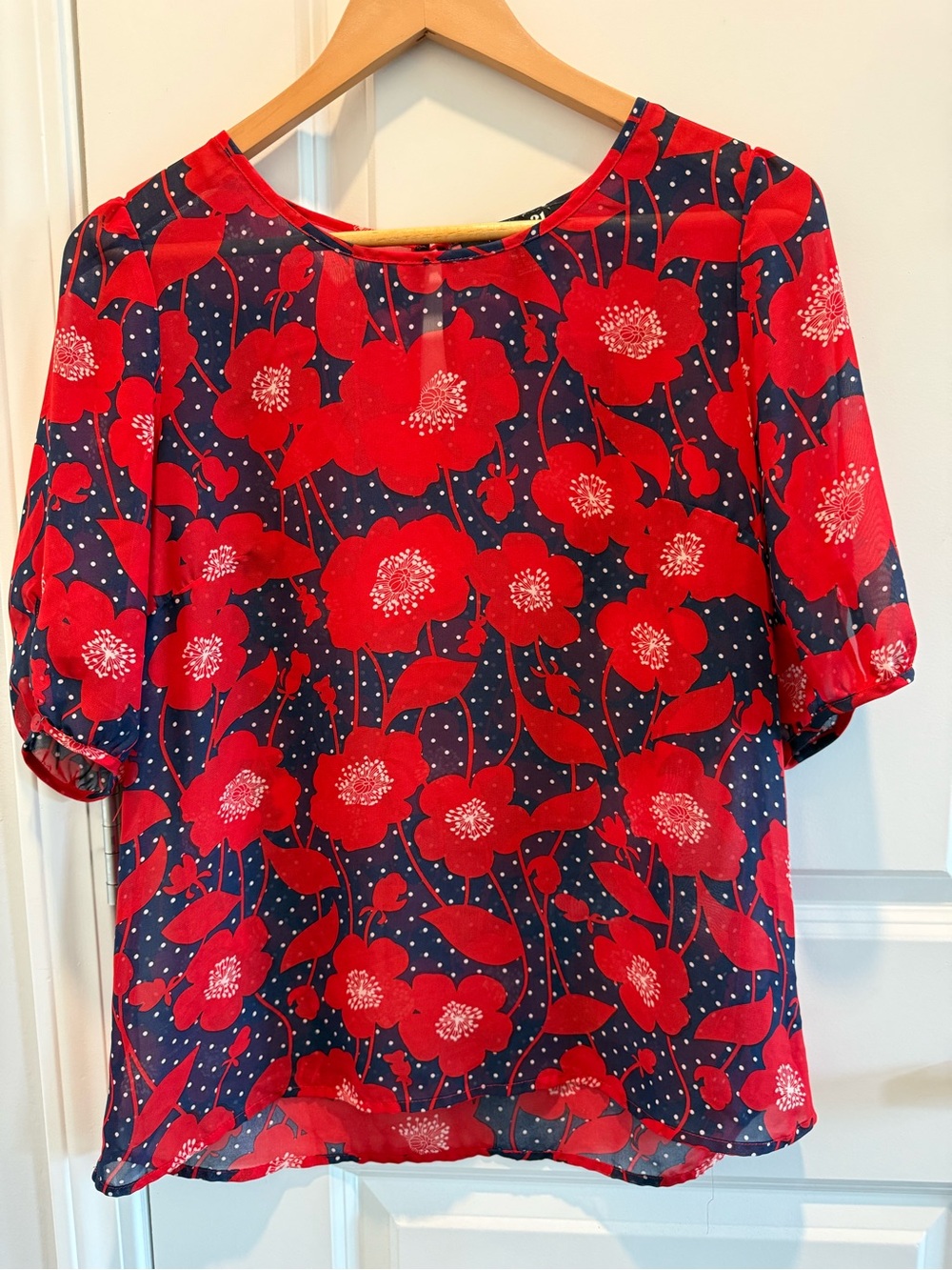 Forever 21 Red Floral Sheer Blouse Navy Polka Dot Print Short Sleeve Top Size M